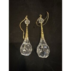 2 Clear Acrylic Faceted Teardrops Ornaments Gold Filigree Caps Thread Chandelier
